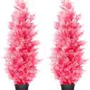 Artificial Cedar Tree 2Pack 4ft Outdoor Artificial Topiary Cedar Plants Fake Tree UV Rated Potted Plants for Porch Decor Faux Pine Tree for Perfect Housewarming Gift, Pink