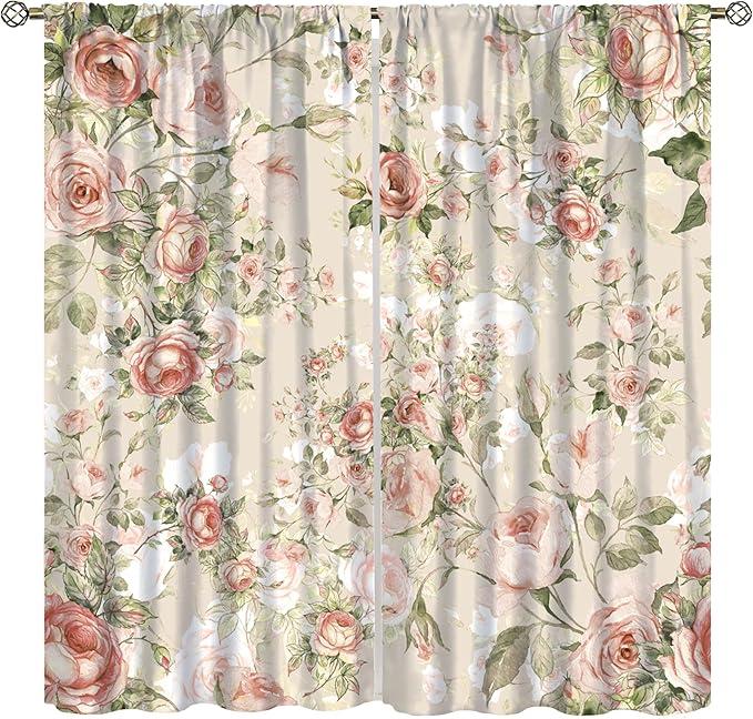 Lovely Rose Decorative Curtains, Red and White Vintage Rose Floral Delicate Pattern for Living Room Bedroom and Dining Room 2 Panels, 42 X 45 Inches.
