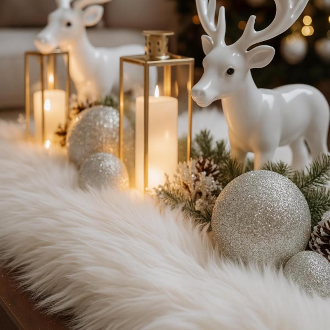 1.3 x 4.9 ft Christmas Fake Snow Blanket for Christmas Village Fuzzy Faux Fur Artificial Snow Blanket White Xmas Table Decor for Xmas Trees Village Display Party Winter Decorations Photo Prop