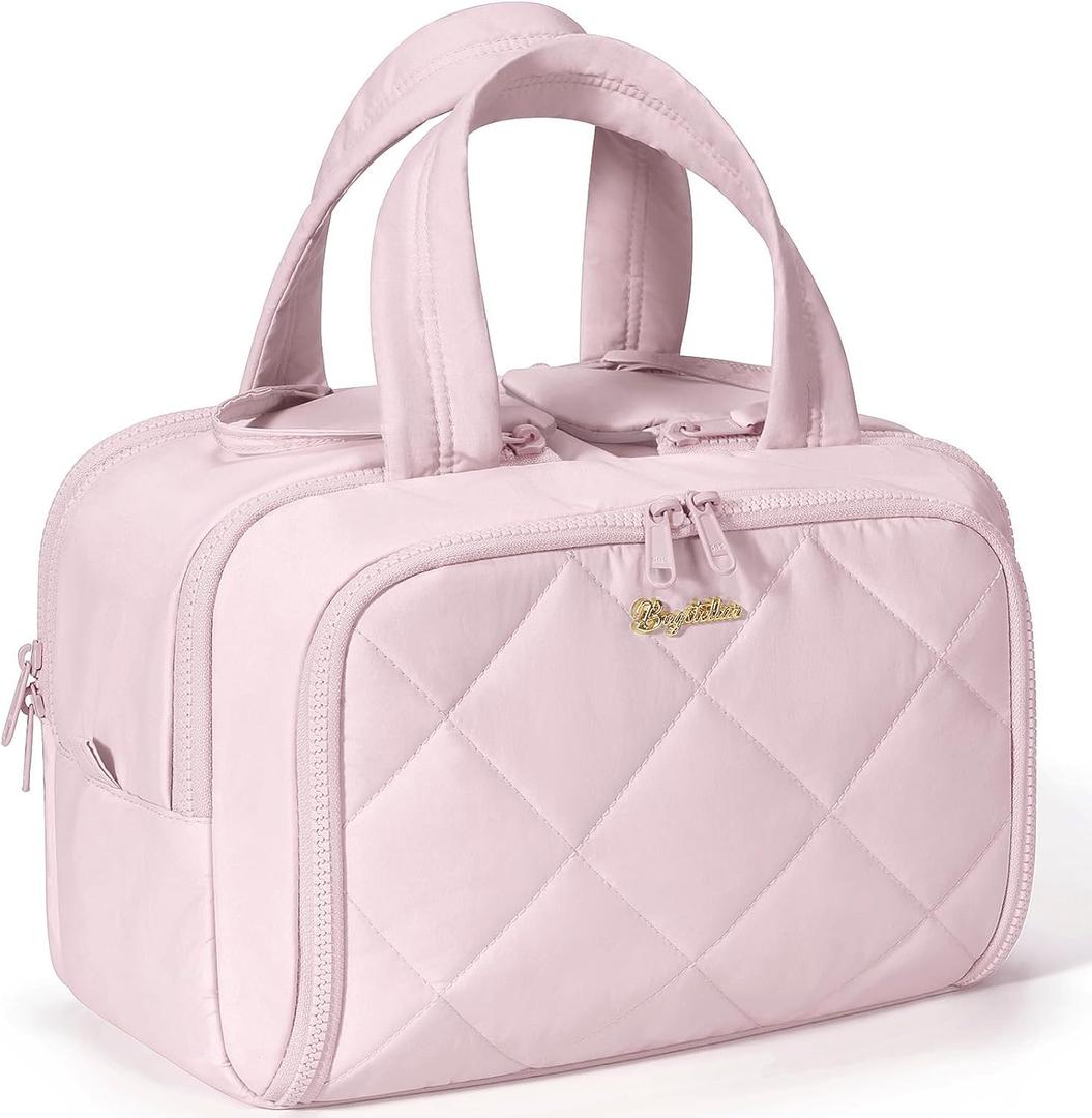 Travel Toiletry Bag, Large Wide-open Puffy Toiletry Bag for Women, Lightweight Quilted Makeup Bag Cosmetic Organizer with Handle Water-resistant Travel Essentials for Toiletries Accessories Light Pink