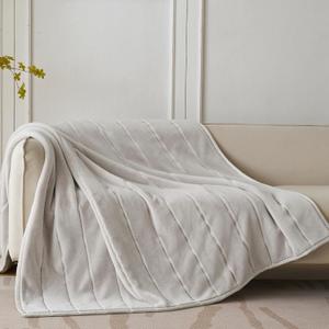 Faux Fur Quilt Twin Blanket for Couch, 480GSM Fuzzy Soft and Warm Coverlet Light Weight Quilted Blanket for Sofa, Chair, Bed, Bedroom, 60x80 Inches,Light Taupe Stripe