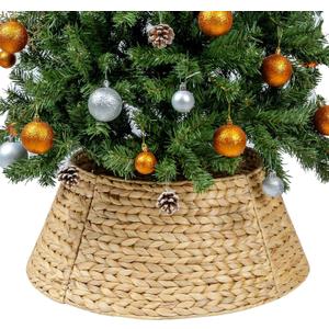 CubesLand Christmas Tree Collar for 7.5ft Trees,Christmas Tree Skirt 22.8In,Holiday Rattan Tree Skirt,Handcrafted Woven Hyacinth Christmas Tree Base Cover,Rustic Tree Skirt for Artificial Trees