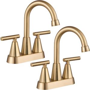 Cobbe Bathroom Faucets for Sink 3 Hole, 4 Inch with Pop Up Drain and 2 Supply Hoses, 2 Handle Center set Bathroom Faucet for Sink Vanity, Brushed Gold, 2 Pack