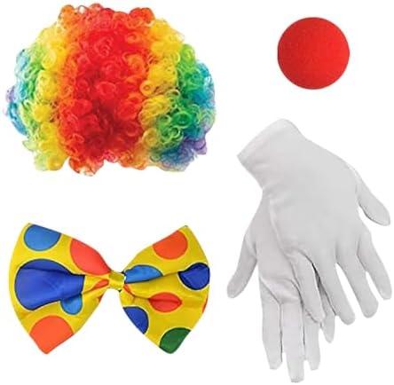 UUYYEO 4 Pcs Clown Costume Set Rainbow Clown Wig Red Nose Bow Tie Gloves Clown Dress Up Accessories Halloween Accessories