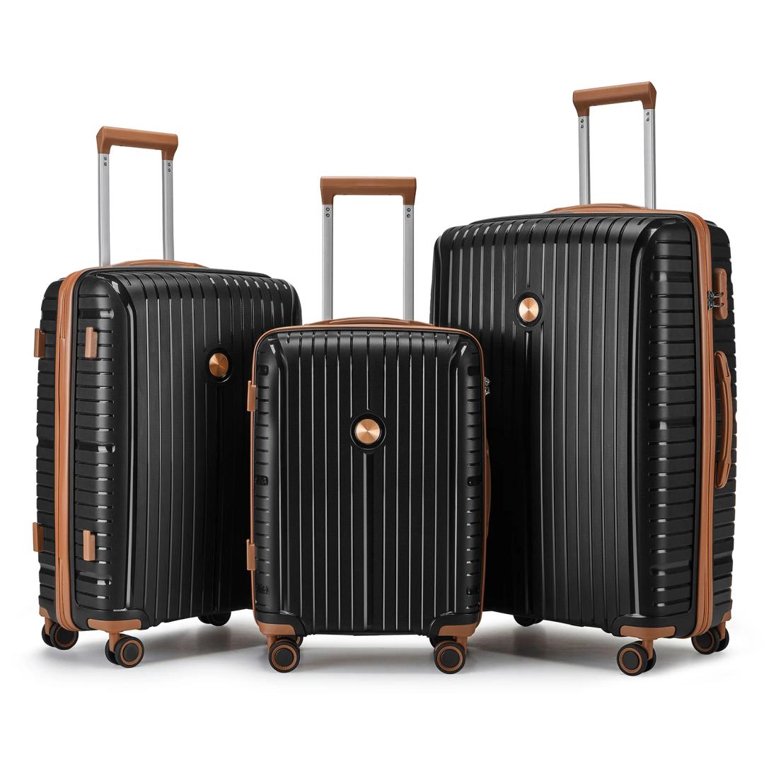 Joyway Luggage Sets 3 Piece Suitcase Set,PP Hardside Carry on Luggage Set, Travel Laggage with Spinner Wheels and TSA Lock, Black Brown