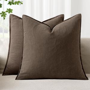 Woaboy 18x18 Inch Set of 2 Decorative Linen Solid Throw Pillow Covers Boho Accent Farmhouse Couch Pillowcases Modern Netural Home Decor for Couch Sofa Living Room Bed, Dark Coffee