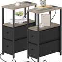 TUTOTAK Small Narrow End Table with Charging Station, Set of 2, Side Table with Outlets, Nightstand with 2 Cloth Drawers, Couch Table, for Living Room, Bedroom, Bedside, Greige TB01BG055