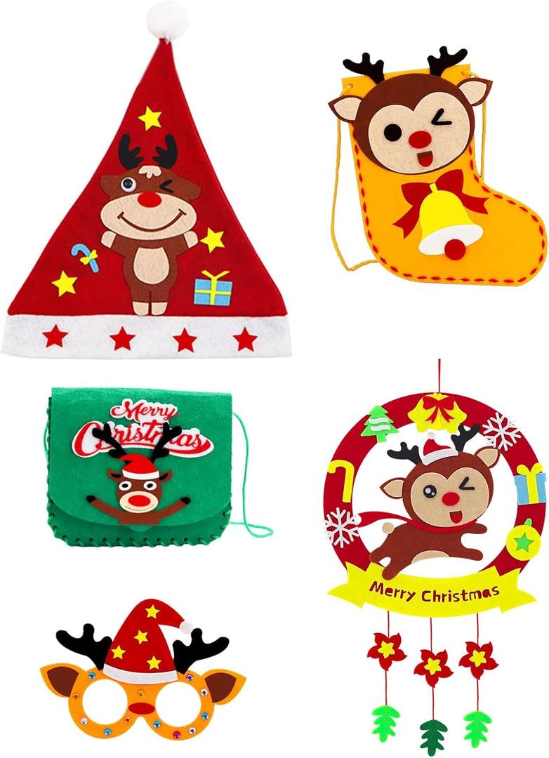 Fenzonmic Christmas Craft Kit - DIY Felt Ornaments Set with Hat, Glasses, Flap Bag, Stocking & Wreath, Pre-Cut & Safe Tools, Perfect Holiday Activity, Party Favor, and Decoration (Reindeer)