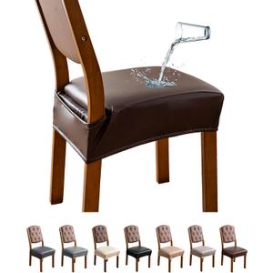 Genina Dining Chair Covers Set of 2, Waterproof PU Leather Dining Seat Covers Stretch Wipeable Dining Room Seat Cover Kitchen Chair Slipcover Protector (Rear-Covered Design, Chocolate)