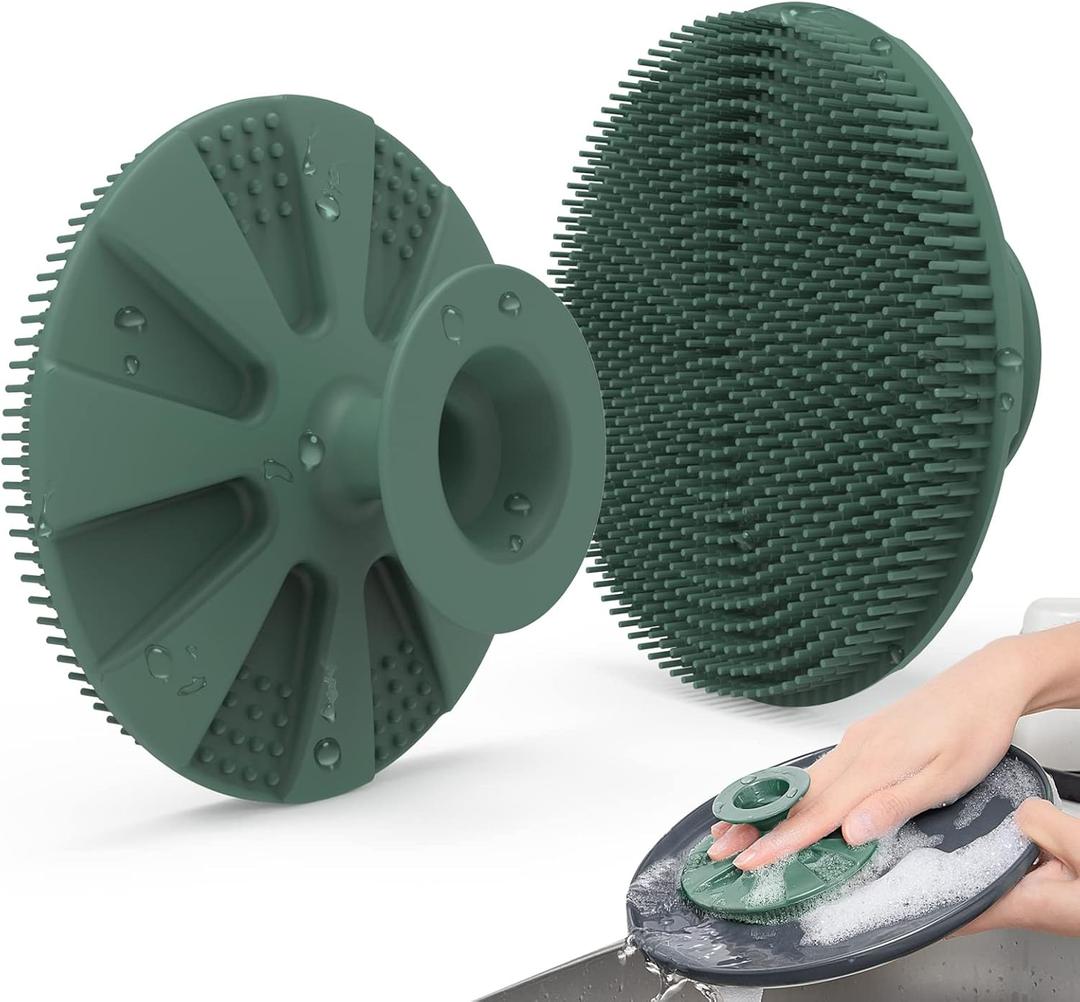 Silicone Sponge, BEAUTAIL Non-Scratch Scrub Sponges for Washing Dishes, Kitchen Fruit Vegetable Cleaning Brush, Long Lasting and Reusable Dishwashing Scrubber, Suction Up for Hang, 1 Pack, Olive Green