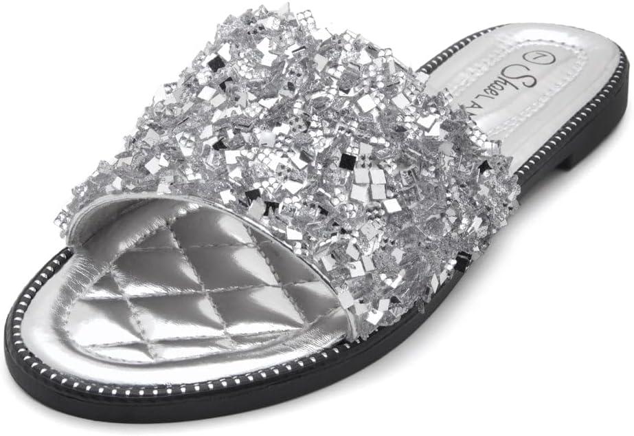 Shoe Land Joli Women's Flat Sandals, Fashion Sparkly Slides, Open Toe Rhinestone Slippers, Glitter Bling Casual Sandals with Cushioned Footbed for Summer, Daily Wear, and Party (8.5)