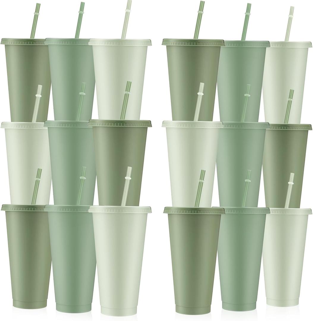 Skylety 24 Pcs Sage Green Plastic Cups with Lids and Straws 24 oz Reusable Tumbler Large Travel Mug Cup Coffee Beverage Drinks Party Supplies for Wedding Bridal Baby Shower Birthday