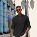 COOFANDY Men's Casual Henley Shirts Long Sleeve Band Collar Lightweight Beach Shirts Summer T-Shirts (Black, XL)