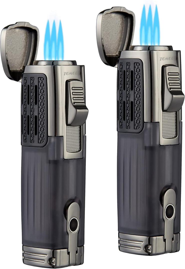 Cigar Lighter Triple Jet Flame Torch Lighter Refillable Butane Lighter with Cigar Punch, 2 Pack, Charcoal