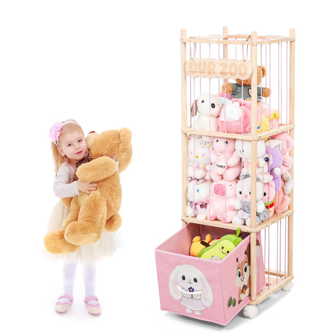 JoyPcsTable Stuffed Animal Storage with Removable Fabric Bins & Locking Wheels, 2-in-1 Wooden Toy Organizer and Display Shelf Space Saving for Playroom, Bedroom, Nursery