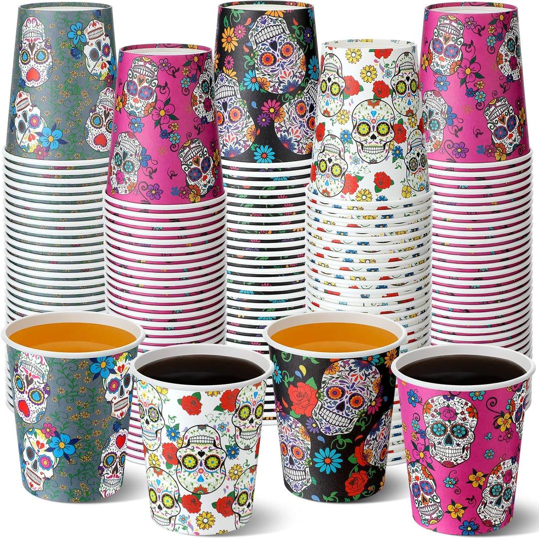 Yaomiao 200 Pcs Day of The Dead Paper Cups Bulk Sugar Skull 9 oz Disposable Hot/cold Beverage Drinking Cups for Dia De Los Muertos Halloween Party Supplies Decoration
