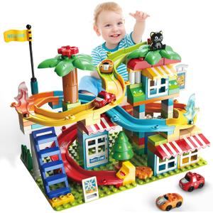 XYNGU Marble Run Building Blocks, Classic Large Blocks Maze Track Sets with 4 Cars, STEM Toy Bricks Maze Puzzle Set Race Track Compatible with Major Brands for Age 3 4 5 6 7 8+ Boys Girls Gift