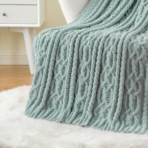 Battilo Sage Green Throw Blanket for Couch, 51"x67", Soft Cozy Chenille Throw Blanket, Knit Blanket Sage Throw, Decorative Boho Throw Blanket for Living Room