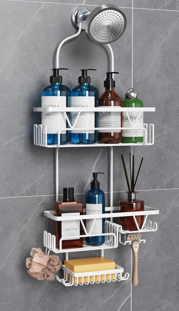 Over the Shower Head Caddy, White Shower Caddy Hanging, 3 Tier Anti-Swing Bathroom Organizer with Soap Holder & Hooks (XL)