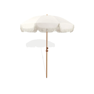 6.5ft Patio Umbrella with Fringe, Beach Umbrella, Fringe Umbrella Outdoor Patio with Hanging Hook, Tilting Aluminum Pole, UV 50+, Fiberglass Ribs, Elegant Cream