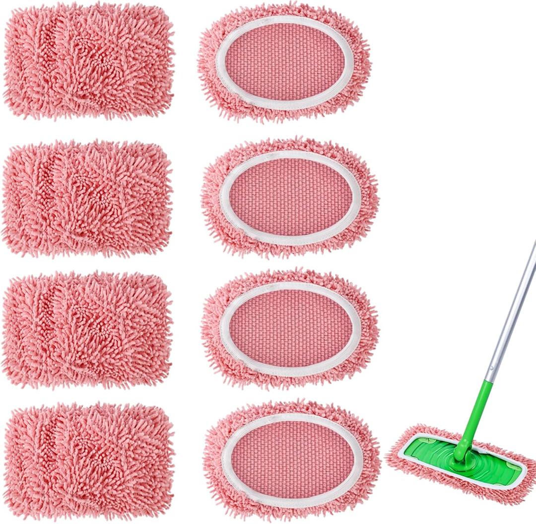 2 x 4Pcs Reusable Microfiber Mop Pads Compatible with Swiffer Sweeper, Replacement Wet Mopping pad Refills & Washable Dry Sweeping Cloths for Surface/Hardwood Floor Cleaning（Pink）