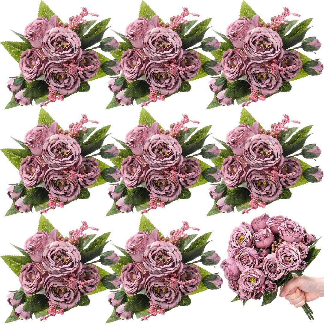 8 Bundles Artificial Peonies Flowers Boho Faux Flowers Arrangements Artificial Centerpiece Spring Bouquet Floral Wedding Decoration for Vase(Dark Purple)