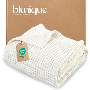 New - blunique Chunky Cozy Knit Throw Blanket, 100% Cotton Decorative Knit Throw for Couch Sofa Bed, 50"x60", Linen
