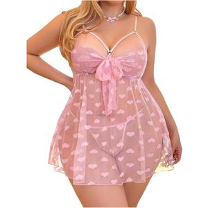 OYOANGLE Women's Plus Size Heart Print Bow Tie Front Sheer Chemise Nightgown 2 Piece Babydoll Lingerie Sleepwear (XXL)