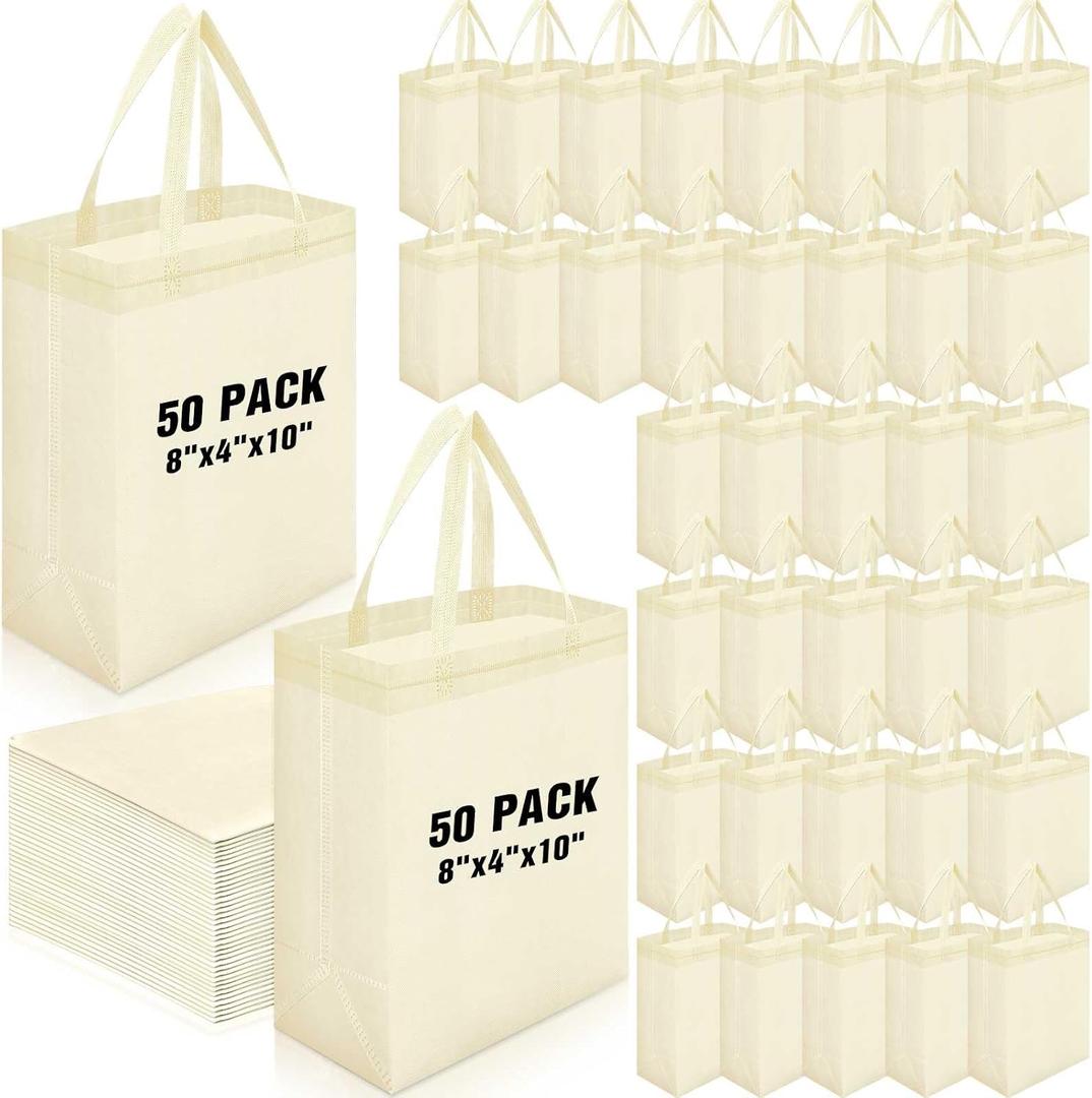 Windyun 50 Pcs Reusable Tote Bag Bulk 8 x 4 x 10 Inch Non Woven Shopping Bag with Handle Christmas Reusable Grocery Gift Tote (Beige)