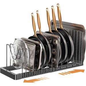 Pots and Pans Organizer under Cabinet, Expandable Pot Lid Organizer Holder with 12 Adjustable Compartment, Pan Organizers inside Cabinet for Lids, Bakeware, Kitchen Storage Pot Rack, Black