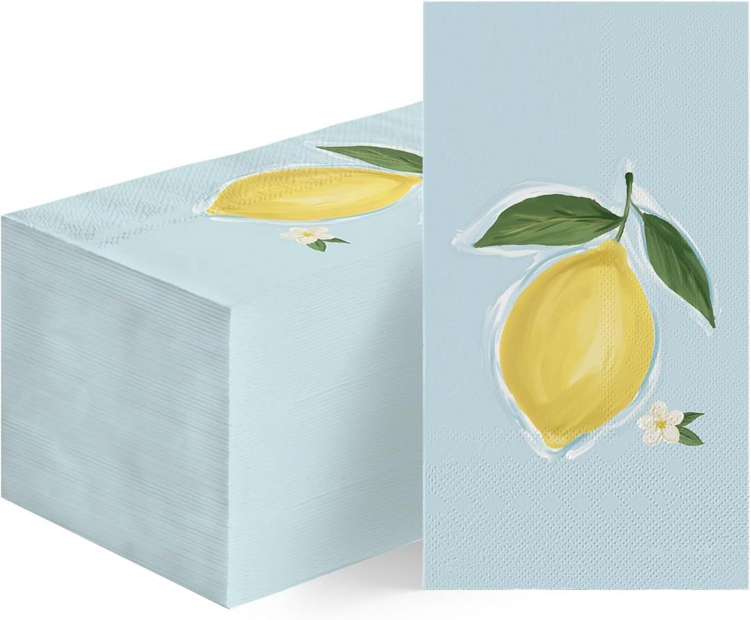 Horaldaily 100 Spring Summer Disposable Paper Decorative Guest Napkins, Lemon Blue Hand Towel for Party Lunch Dinner Kitchen Bathroom