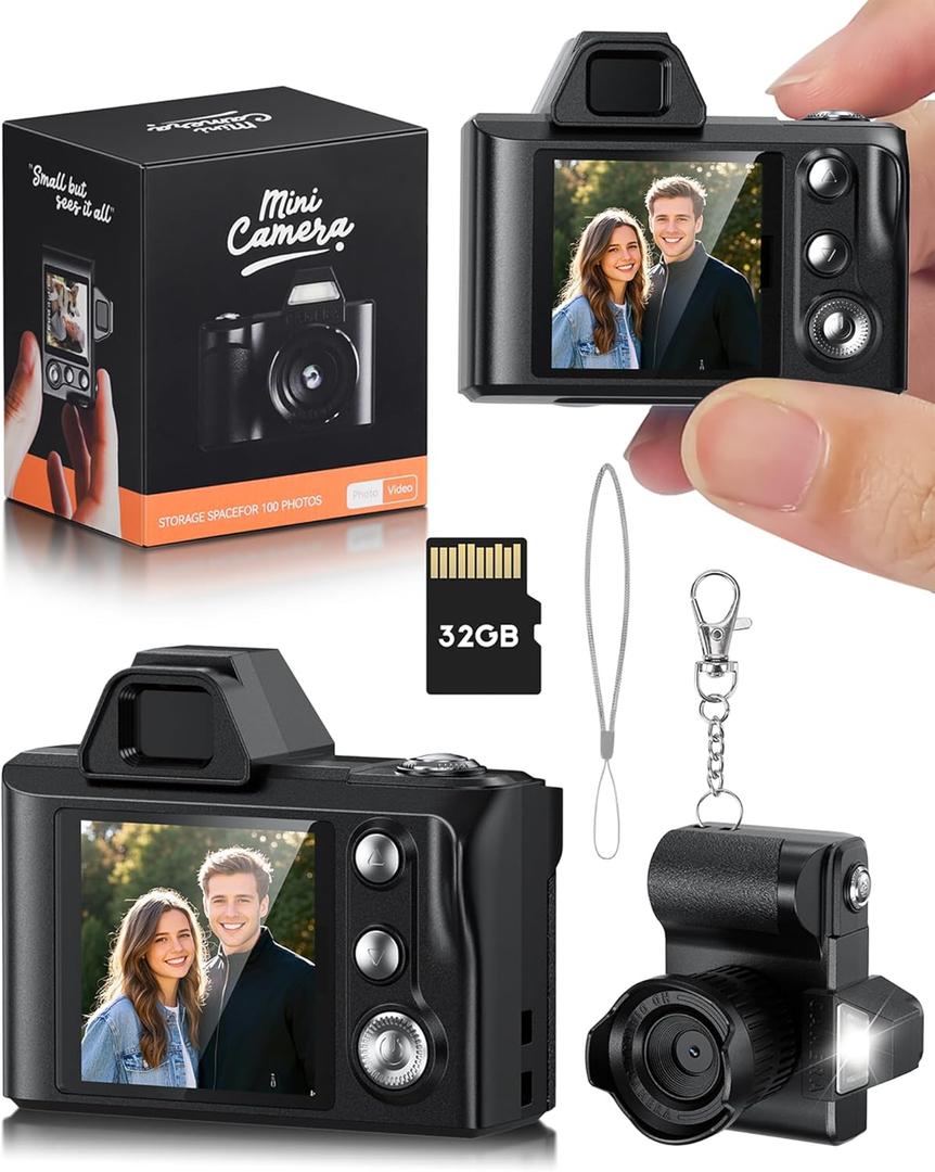 Mini Keychain Digital Camera,1080P Tiny Portable Camera with 4X Zoom, 32GB SD Card & Full Accessories, Ideal Birthday & Festival Gifts for 5 to 15 Girls Boys, Teenagers.