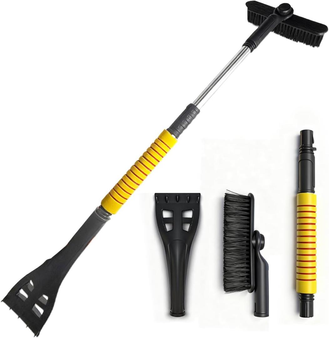 Ice Scraper and Snow Brush for Car, Lightweight 7" Brush Head & 33.5" Extendable Handle for Quick Windshield and Window Cleaning on SUV, Truck, Auto (Yellow)