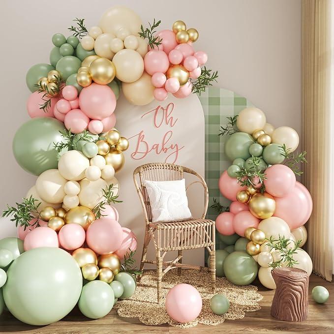 Dusty Green Purple Pastel Pink Balloon Arch Garland Kit 124Pcs Double Stuffed Light Green Sage Green Purple Yellow Macaron Pink Balloons for Wildflower Baby Shower Wedding Birthday Party Decorations