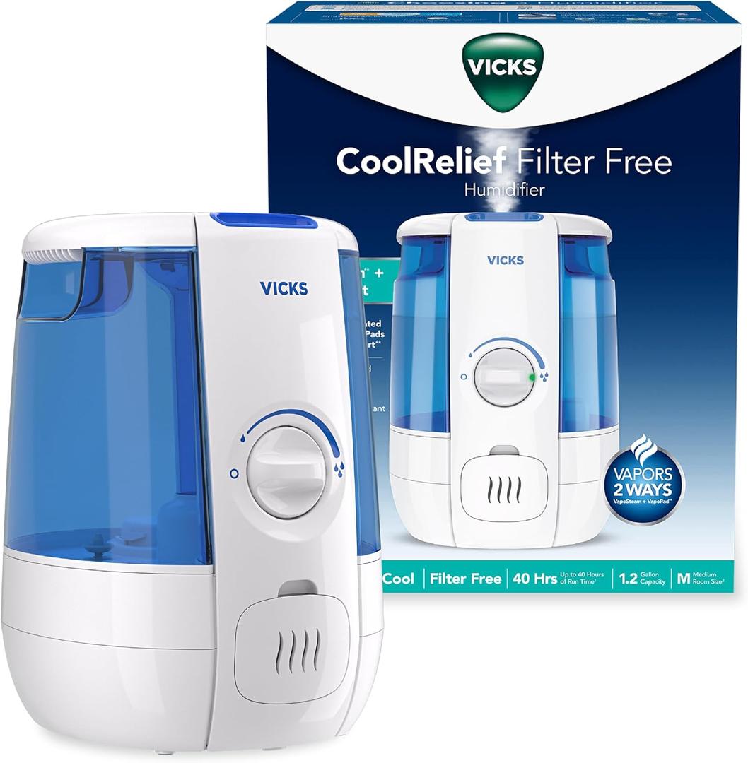 Vicks CoolRelief Cool Mist Humidifier Small to Medium Room Vaporizer for Baby, Kids, Adults, 1.2 Gal