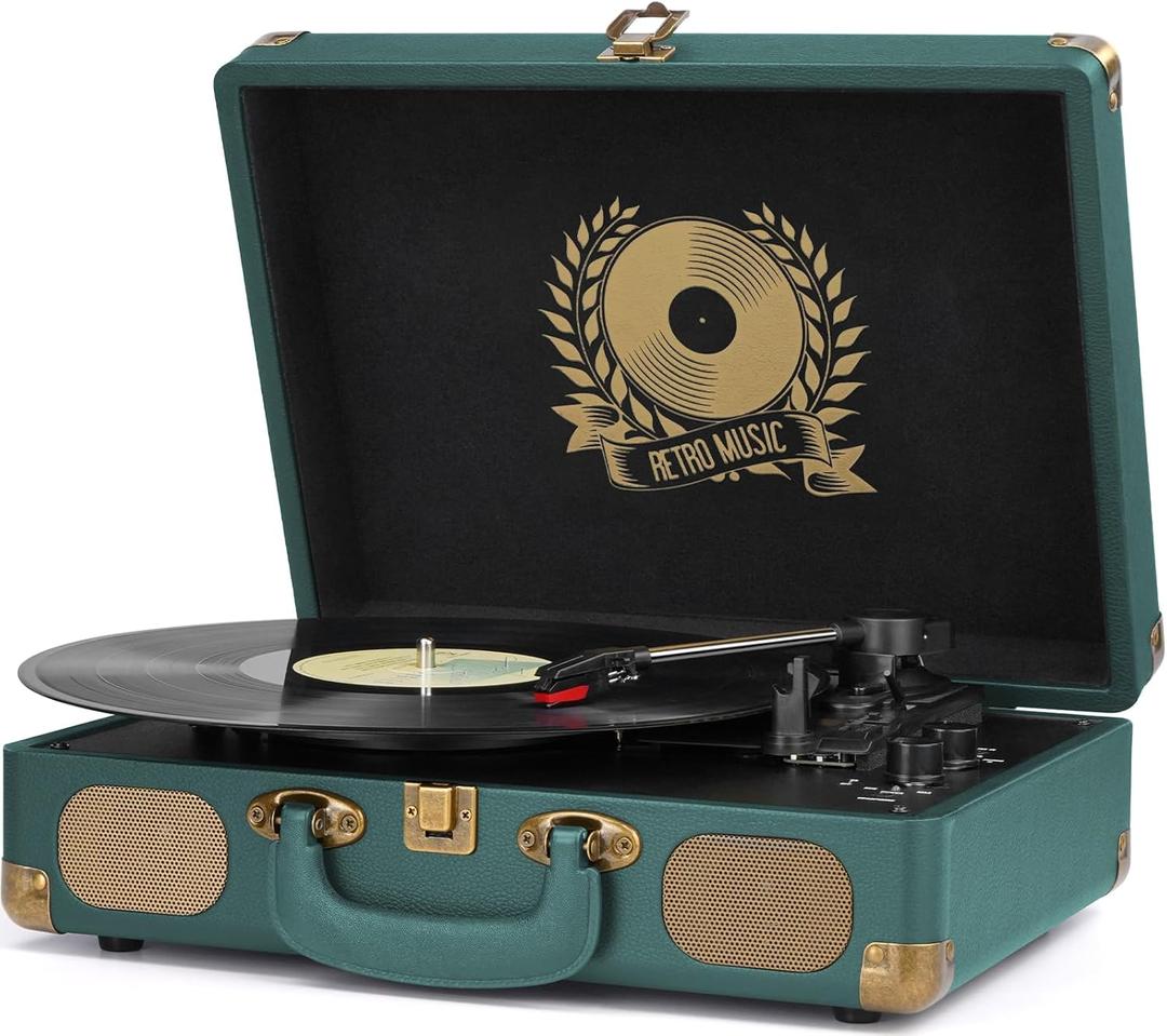 Vinyl Record Player Bluetooth Turntable 3-Speed Suitcase Portable Vintage Belt-Driven Record Player with Built-in Speakers RCA Line Out AUX in Headphone Jack Hunter Green, M415 Vinyl Record Player Hunter Green