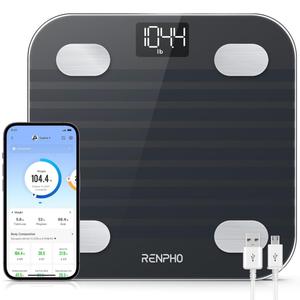 RENPHO Rechargeable Smart Scale for Body Weight, Electronic 13 Body Composition Monitors sync with App, Bluetooth Digital Bathroom Scales, Elis 1, Black, 396 lbs