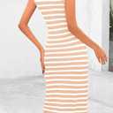 BTFBM Casual Women Spring Dresses 2025 Sleeveless Striped Midi Button Down Dress Ribbed Knit Cardigan Cover Up Dress (S)