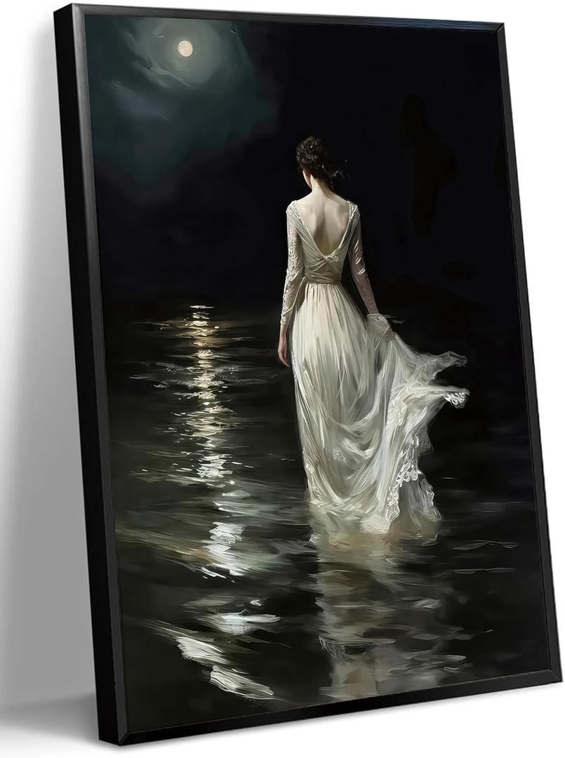 WOKAOGO Black Framed Wall Art Moonlit Sea Woman Wall Decor Dark Academia Canvas Art Gothic Pictures Vintage Paintings Victorian Prints Moody Artwork for Bedroom Bathroom