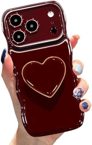 Cute Case for iPhone 17 Pro Max 6.9'', Wine Red Soft TPU Shape Shockproof Protective Cover with Stand, Luxury Bumper Wave Frame Curly Shape Love Heart Holder Kickstand Phone Case for Girls Women