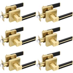 EHOMEWARE Gold Door Handles with Black Leather Handle, 6 Pack Privacy Door Levers for Bedroom or Bathroom, Interior Door Knobs Locked Inside with Turn-Thumb, Universal Handling