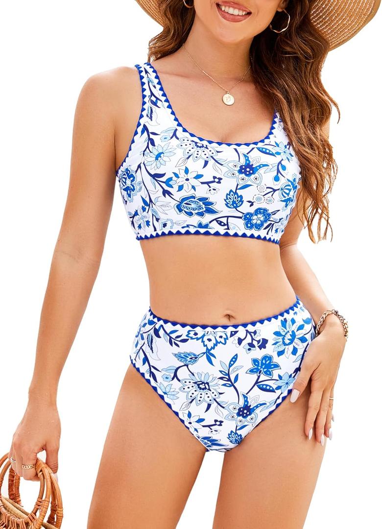 High Waisted Bikini Sets for Women Tummy Control Swimsuits Modest Bathing Suit Boho Swimwear 2 Piece Scoop Neck S