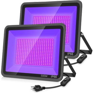 500W 2 Pack LED Black Light,Black Flood Light Outdoor with Plug and Switch, IP66 Waterproof 395nm to 405nm LED UV Blacklight Neon Glow for Glow Party, Halloween, Poster, Body Paint
