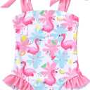 YOUNGER TREE Toddler Swimsuit Girl Color Block Stripe One-Piece Swimwear Baby Girl Bathing Suits (9-12 Months, Leaves + Flamingos)