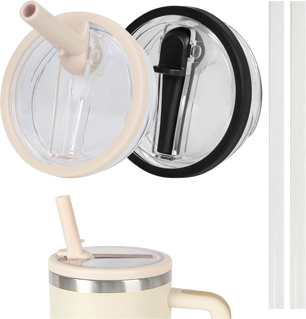 30 oz Replacement Lid for Stanley Quencher Tumbler Flip Straw, 2 PCS Spill Proof Lid Accessories Fit for Stanley with handle, Leak-Proof Splash Resistant Replaceble Cover Cap forStanley,(Lvory&Black)