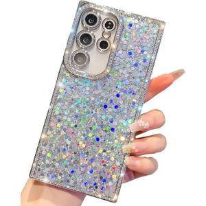 Trendy Girly Glitter Powder Compatible with Sumsung Galaxy Rectangle Case, Elegent Cute Slim Women Bling Diamond Rhinestones Plating Phone Cases(Silver,S25 Ultra)