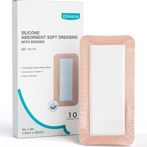 Dimora Silicone Ultra Absorbent Dressing Pads - Adhesive Wound Bandage with Gentle Border, Waterproof Soft Gauze for Post Surgical and Bed Sore Exudate Management 4"X 8" 10 Count