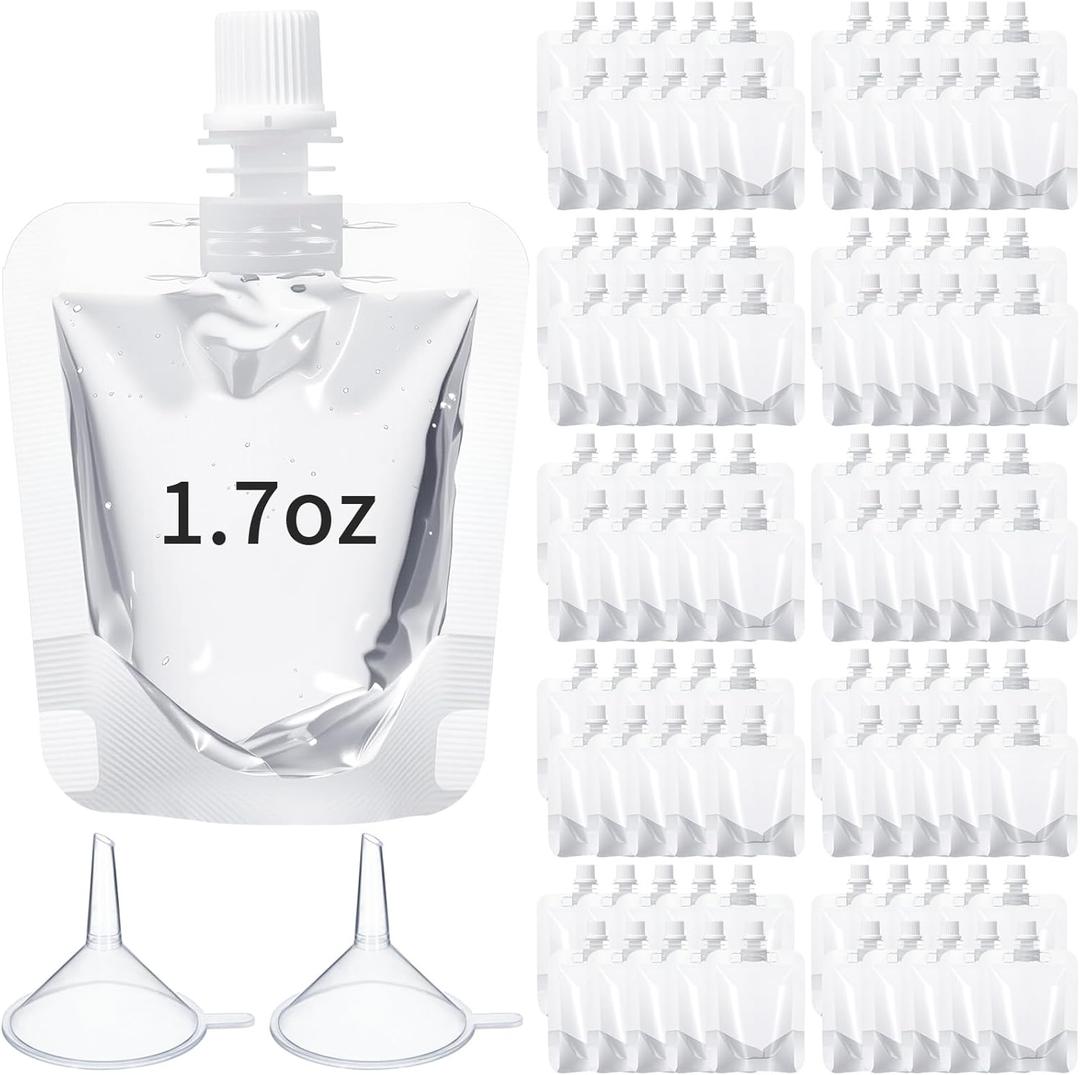 100 Pcs Plastic Pouches Bulk Clear Juice Bags Squeeze Pouches Plastic Leak Proof Bags with Funnel for Party Favors (1.7 oz)
