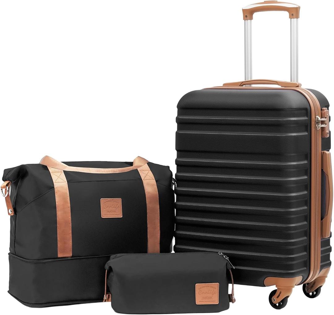 Coolife Suitcase Set 3 Piece Luggage Set Carry On Hardside Luggage with TSA Lock Spinner Wheels (Black, 3 Piece Set (DB/TB/20))