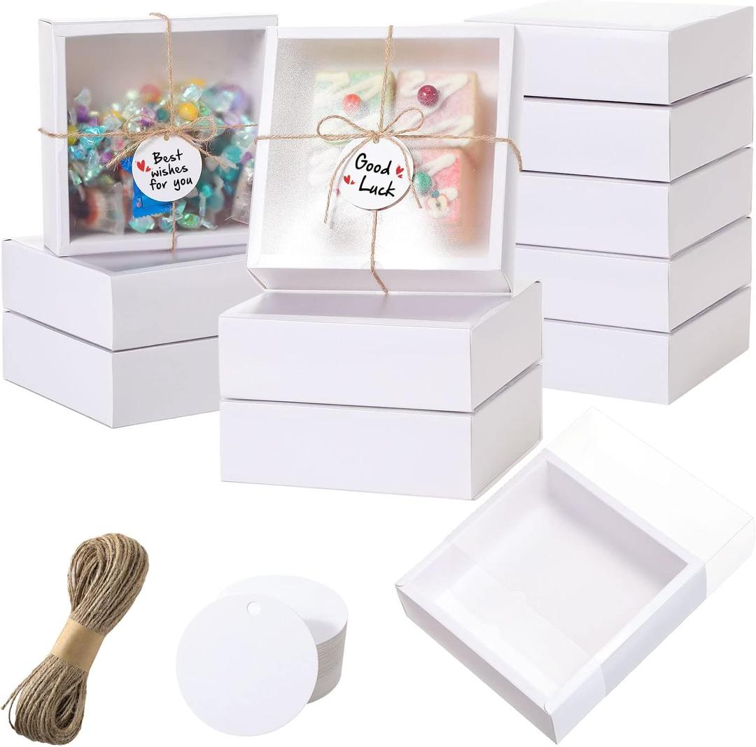 Roowest 50 Sets Kraft Homemade Gift Box Bundle with Blank Tags and Jute String (101 Items) for Jewelry Candy Wrapping Party Favor(6.5 x 6.5 x 2 Inch,White)